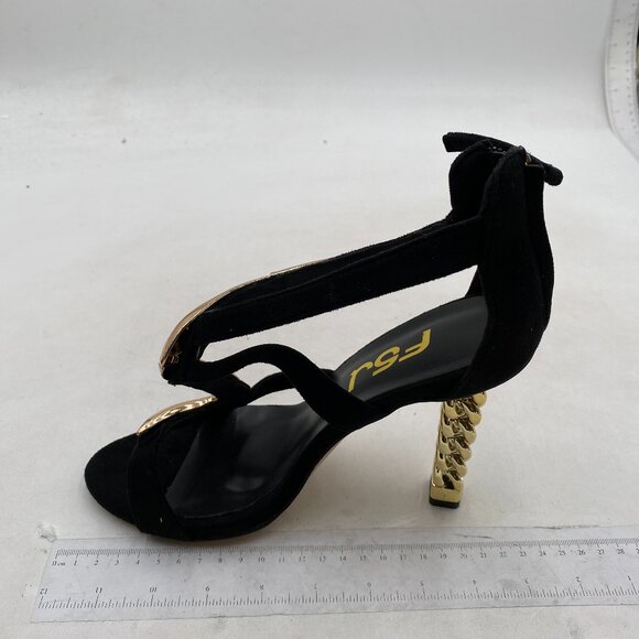 FSJ Gold S Gold Metal Chain Chunky High Heels Ankle Strap Sandals Open Toe Shoes - Picture 2 of 8